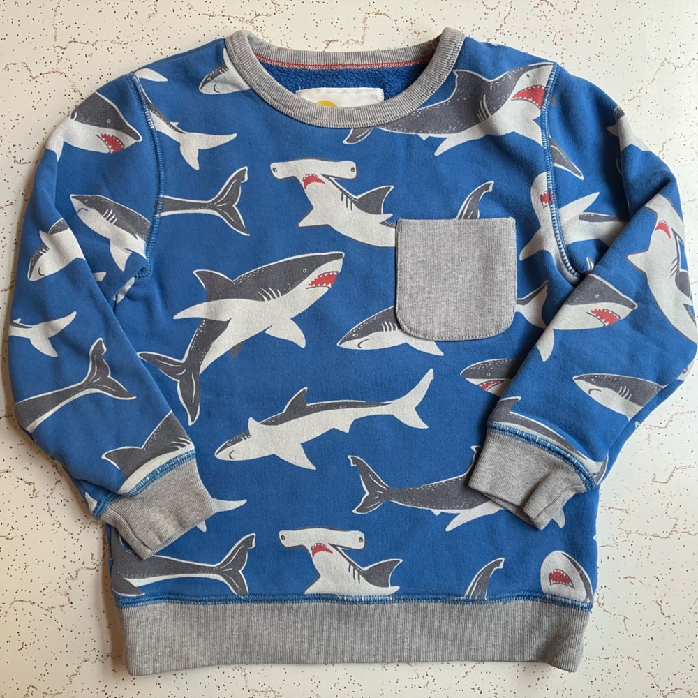 Mini Boden Pullover Shark Sweatshirt - Kids' Size 6-7y - Blue Ocean Pocket